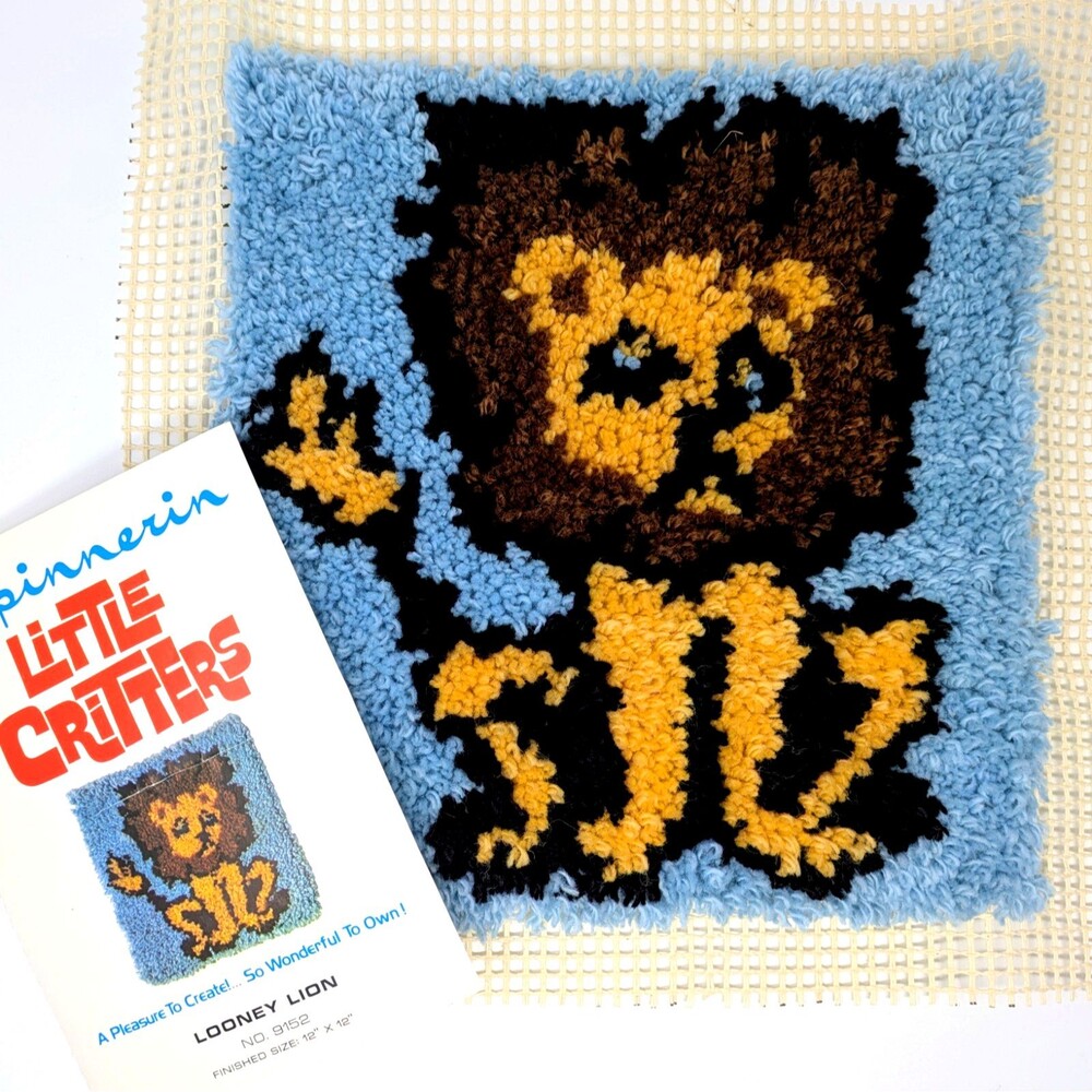 Vtg Latch Hook LOONEY LION Rug 12x12" | Spinnerin Little Critters | COMPLETED!
